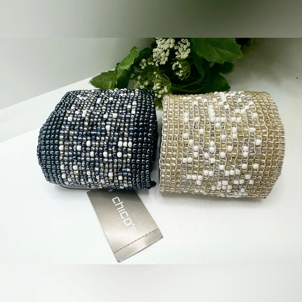NEW- CHiCO’S Combo Beaded Brittany Stretch Belt Gold Blue